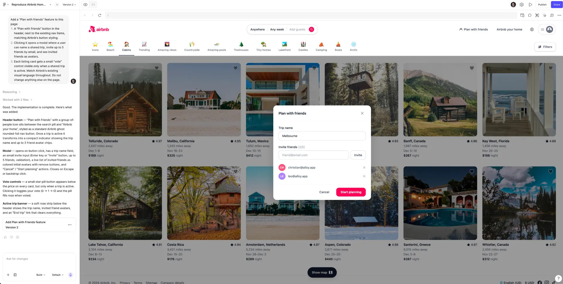 Figma Make AI prototyping tool result recreating Airbnb with a listing grid and centered interactive Plan with friends modal