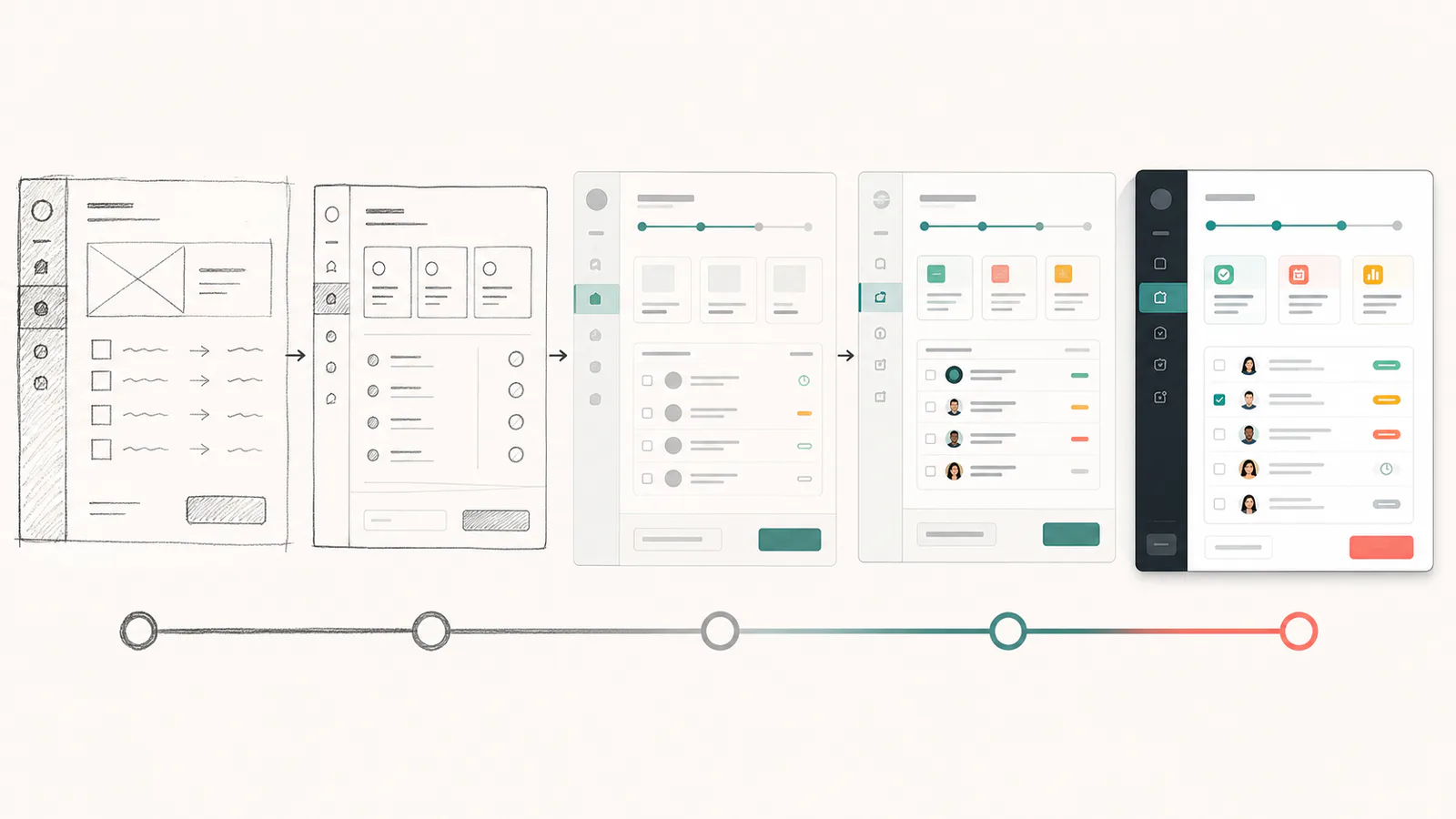 A continuous spectrum showing the same SaaS workflow progressing from rough structural sketches through representative components to a realistic interactive interface.