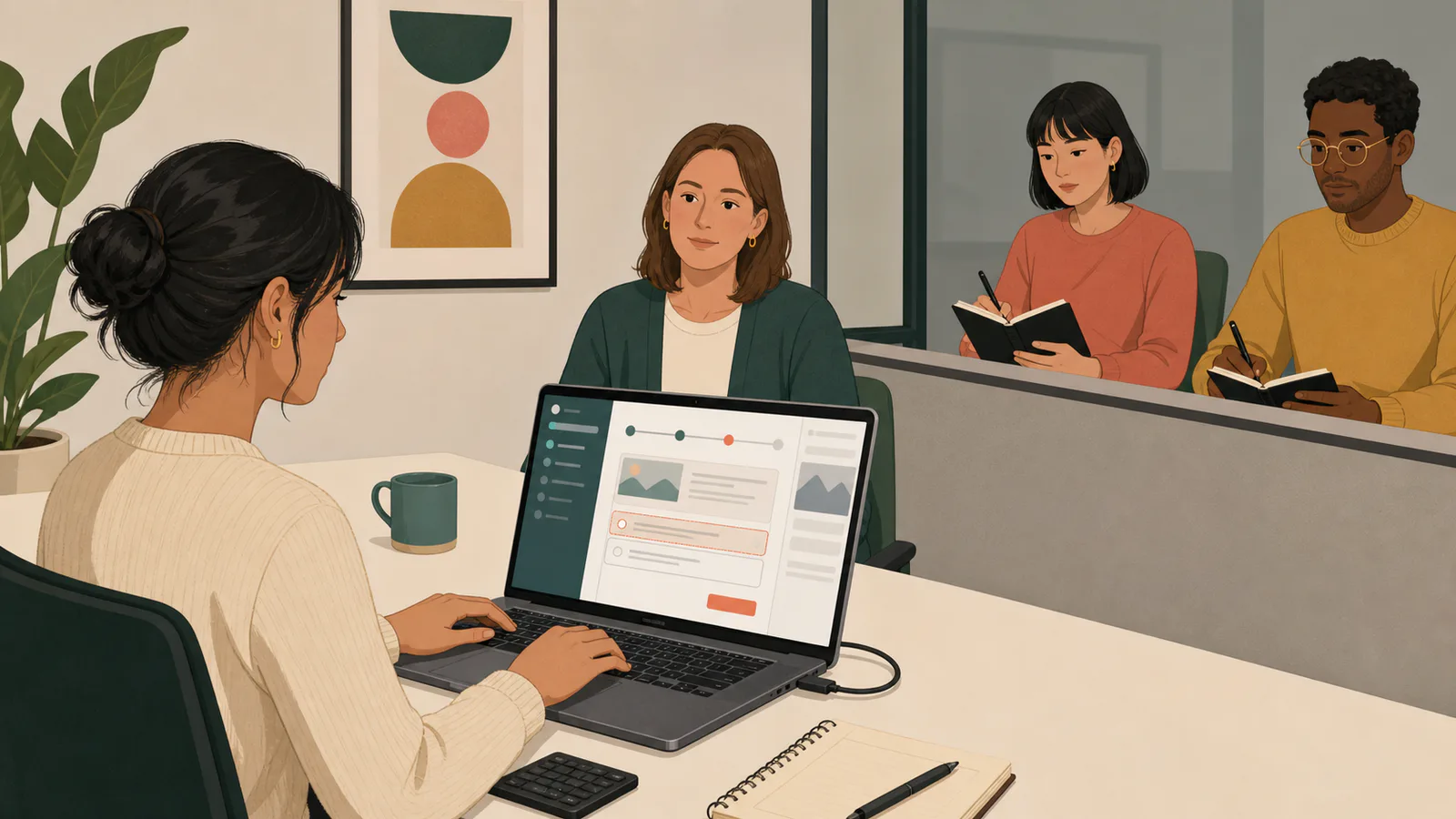 A participant completes a realistic task in an interactive prototype while a facilitator observes neutrally and product teammates record structured observations.