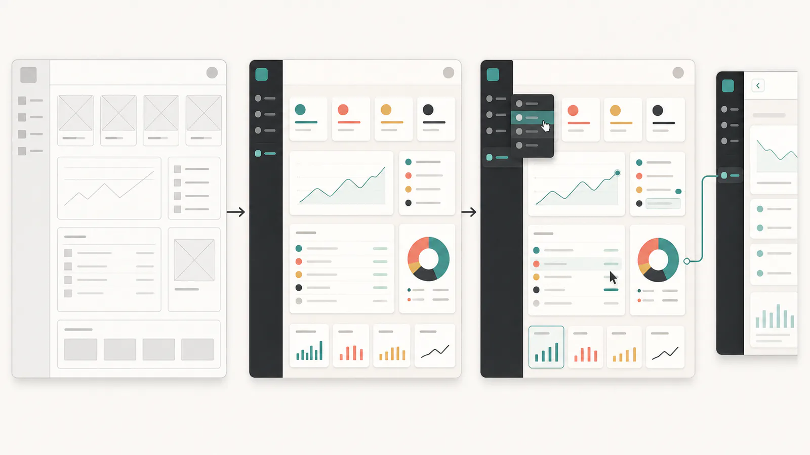 The same SaaS dashboard shown first as a structural wireframe, then as a polished visual mockup, and finally as an interactive prototype with changed states and a connected flow.